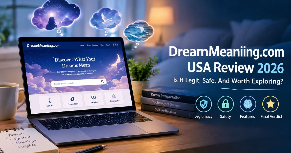 DreamMeaniing.com USA Review 2026 banner showing a laptop, dream symbols, website safety, legitimacy, and feature icons.