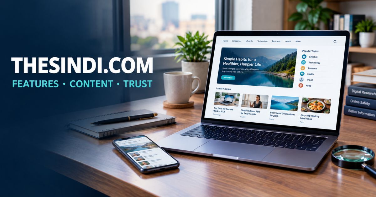 TheSindi.com website guide featuring online content, website features, and trustworthiness research on a laptop.